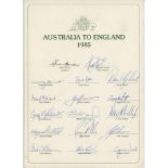 Australian tour of England 1985. Official autograph sheet fully signed in ink by all seventeen