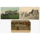 Tom Morris. Two early postcards featuring Tom Morris at St. Andrew's, one in colour, the other mono.