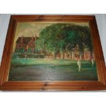 'Cricket at Jesus College, Cambridge' c1948. Attractive original oil on board painting in an '