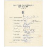 M.C.C. tour of Australia & New Zealand 1970/71. Official autograph sheet nicely signed in ink by all