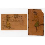 Leather golf postcard 1906. An unusual leather postcard featuring a printed illustration to the