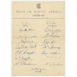 M.C.C. tour of South Africa 1948/49. Official autograph sheet for the tour fully signed by all