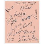 Kent C.C.C. 1947. Album page nicely signed in ink by fourteen members of the Kent team and the