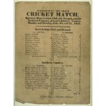 Kent v England 1841. Original early scorecard/ handbill for the 'Grand Cricket Match between Mary-