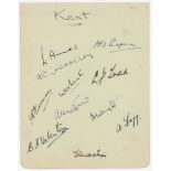 Kent C.C.C. 1933. Album page nicely signed in ink by eleven members of the Kent team. Signatures are