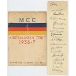 M.C.C. tour of Australia 1936/37. Official Orient Line 'S.S. Orion' brochure for the 'M.C.C. tour of