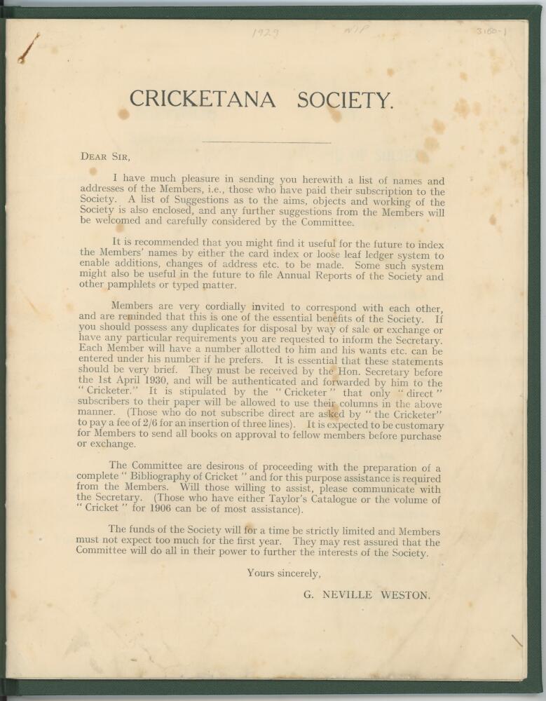 The Cricketana Society. Eight page printed booklet dated 1929 comprising an introduction by G.