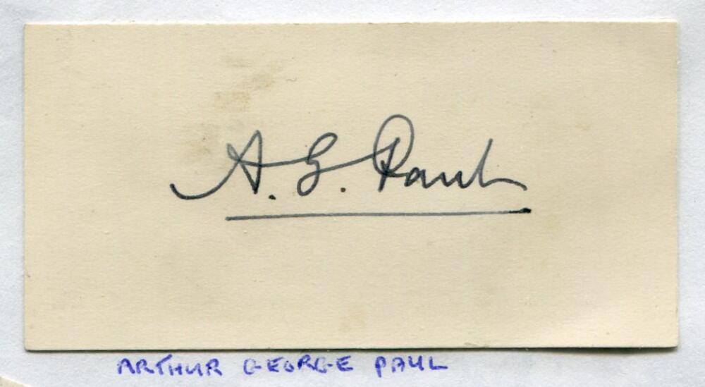 Arthur George Paul. Lancashire 1889-1900. Excellent ink signature of Paul on small card laid down to