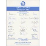 England tour of the West Indies 1986. Official autograph sheet for the tour. Fully signed with