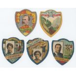 J. Baines, Bradford c. 1920. Five shield shaped cards covering military, swimming, gymnastics, rugby