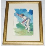 'Owzat!'. Small attractive original watercolour of a wicket keeper appealing by artist Hugh Cushing.