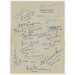 Test cricketers' signatures 1952. Page on Berners Hotel, London letterhead with fifteen signatures