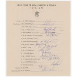 M.C.C. tour to India, Pakistan & Ceylon 1972/73. Official autograph sheet signed by fourteen members