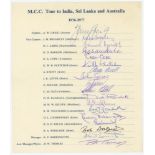 M.C.C. tour of India, Sri Lanka & Australia 1976/77. Official autograph sheet fully signed in ink by