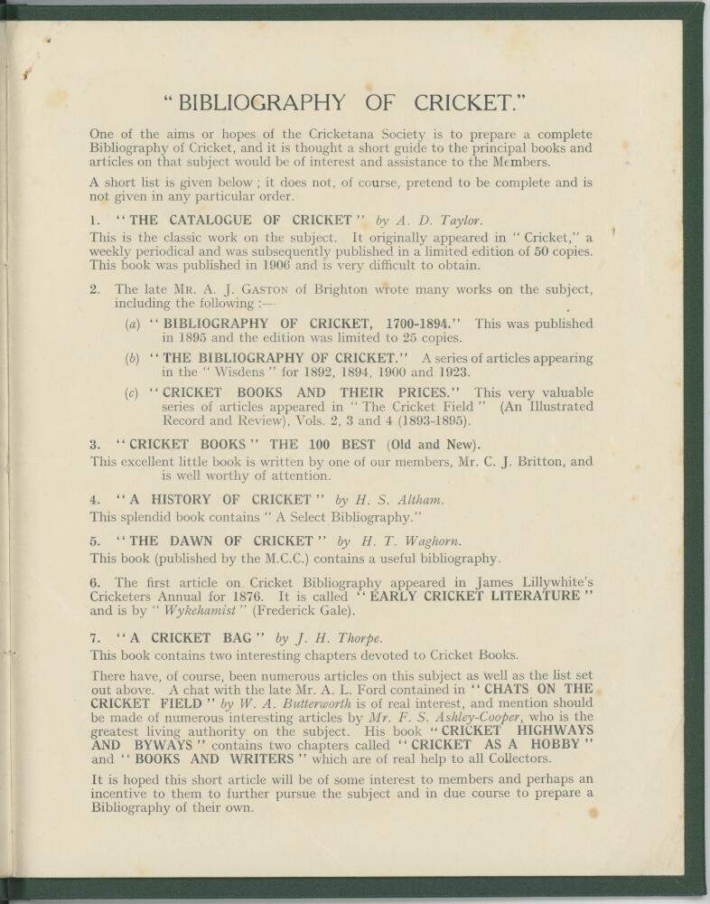 The Cricketana Society. Eight page printed booklet dated 1929 comprising an introduction by G. - Image 2 of 3