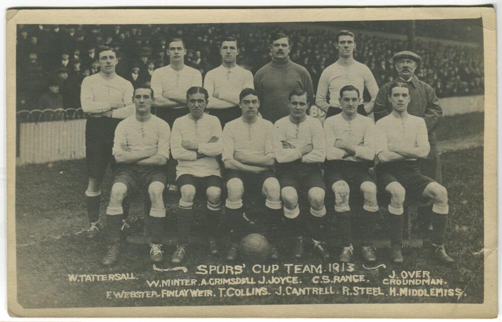 'Tottenham Hotspur Cup Team 1913'. Early mono real photograph postcard of the team and groundsman,