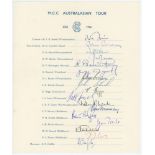 M.C.C. tour of Australia & New Zealand 1965/66. Official autograph sheet fully and nicely signed