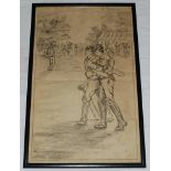 Cricket sketch c1900. Large original pencil sketch of a cricket scene depicting two gentlemen