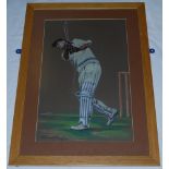 Len Hutton, Yorkshire & England. Original large pastel study by artist Ken Taylor, Huddersfield