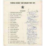 Pakistan tour to England 1974. Official autograph sheet fully signed by all nineteen listed