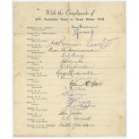 Australia tour of England 1948. Official autograph sheet fully signed in ink by all eighteen members