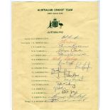 Australian tour of the West Indies 1978. Official autograph sheet fully signed in ink by all sixteen