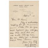 W.G. Grace. Single page handwritten letter in ink from Grace to 'Mr. Harris', dated 21st September