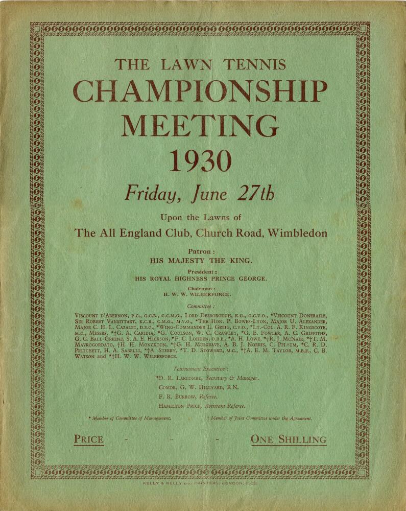 Tennis. Wimbledon 1930. 'The Lawn Tennis Championship Meeting 1930'. Official programme for