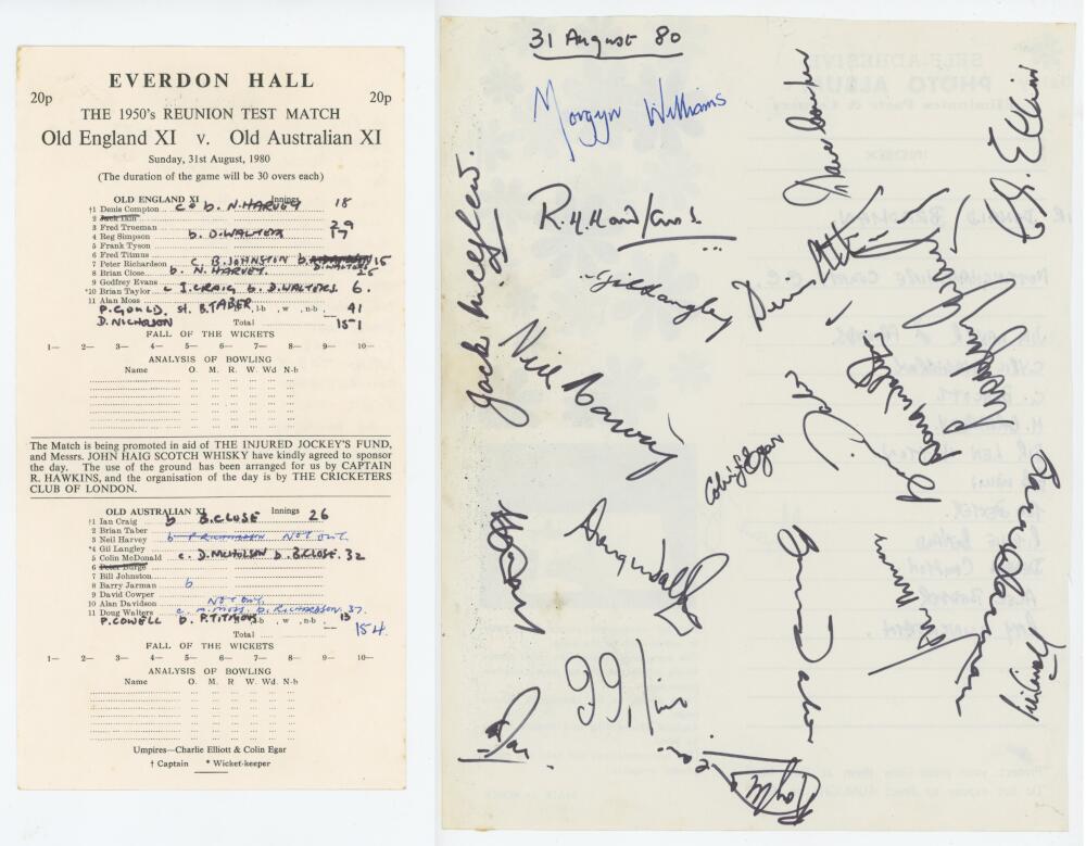 'The 1950's Reunion Test Match. Old England XI v Old Australian XI' 1980. Sheet comprising twenty