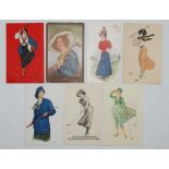 Lady golfer postcards early 1900s onwards. Six original colour postcards and one mono, each