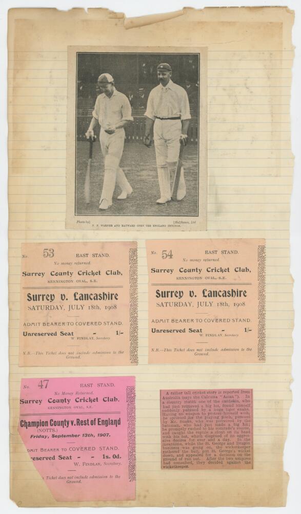 The Oval. Early match tickets 1907 and 1908. Three official Surrey C.C.C. tickets for matches played