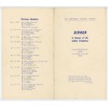 India tour to England 1952. Official folding menu for the Northern Cricket Society 'Dinner in honour