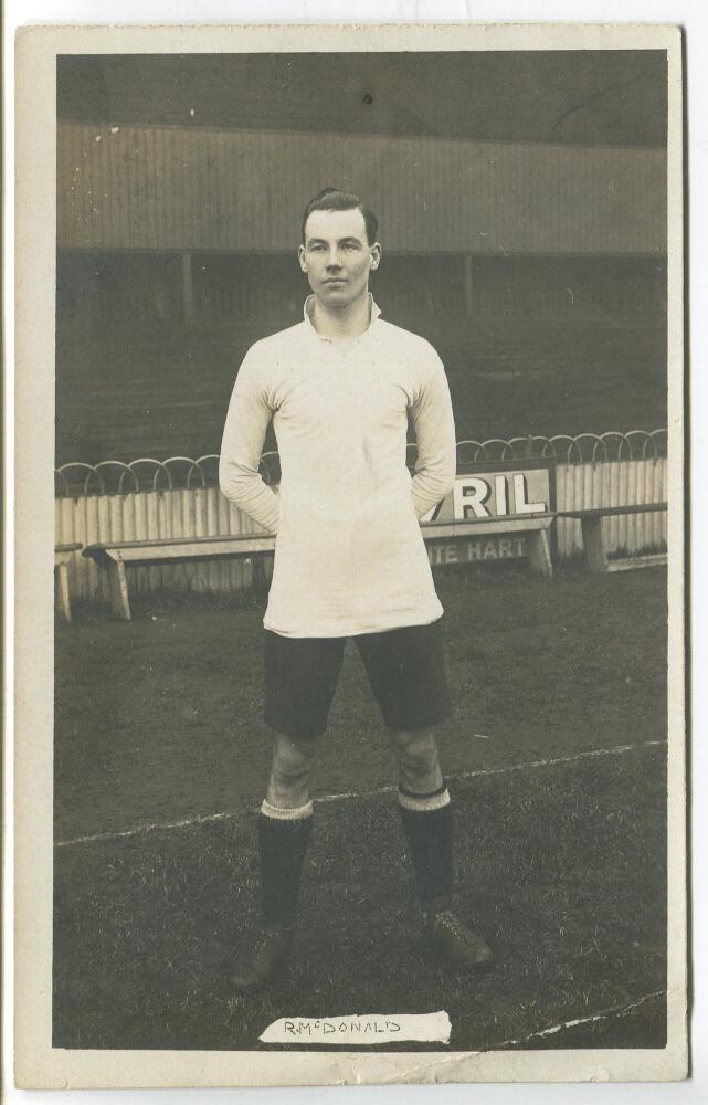 Robert James McDonald. Tottenham Hotspur 1919-1924. Early mono real photograph postcard of McDonald,