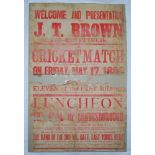 John Thomas Brown. Yorkshire & England 1889-1904. Large original poster announcing a cricket match