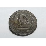 Cricket button. Very early cricket button, with figures of a batsman, under arm bowler and stumps