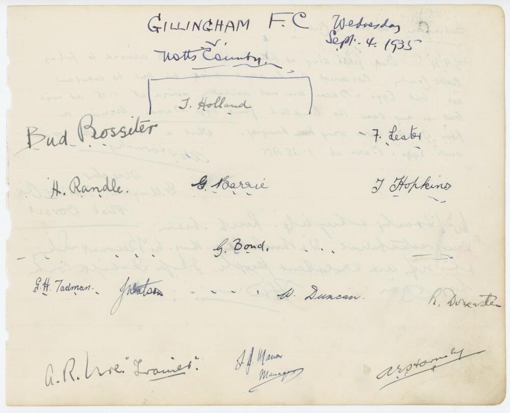 Gillingham F.C. 1935/36. Large page taken from the visitor's book of the Stratford Hotel,
