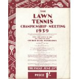 Tennis. Wimbledon 1939. 'The Lawn Tennis Championship Meeting 1939'. Official programme for 29th