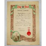 Jack Hobbs. Original certificate for 'The Star Cricket Scheme... for school Boys together with an