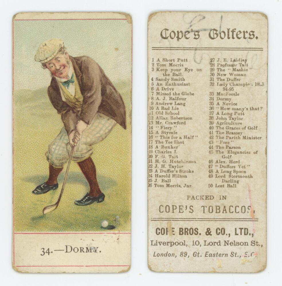 Golf cigarette cards. 'Cope's Golfers' 1900. Cope Bros. & Co., Liverpool. Card no. 34 'Dormy'.