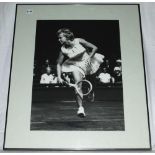Tennis. Three large mono posters of tennis players, each mounted, framed and glazed. Two feature a