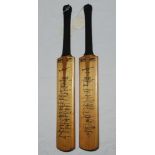 Two 'Don Bradman' miniature bats with printed signatures. One for the Australia touring party to