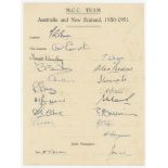 M.C.C. tour of Australia & New Zealand 1950/51. Rarer official autograph sheet fully signed in ink