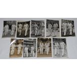Walking out to bat. Post World War II. Nine original mono press photographs of pairs of England