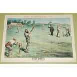 'Clean Bowled'. Large original colour cricket caricature print with political interest on the '