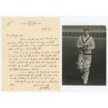 John Berry 'Jack' Hobbs. Surrey & England 1905-1934. Single page handwritten letter from Hobbs on '