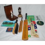 Box of assorted cricket souvenirs, ceramics etc. Contents include a replica Ashes urn on plinth, 5.