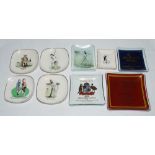 Cricket ceramics. Nine glass and ceramic ash/sweet trays with transfer printed images for 'The