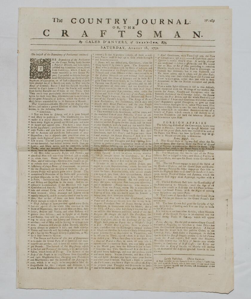 'The Country Journal or the Craftsman. By Caleb D'Anvers, of Gray's-Inn, Esq.'. Original 4pp tabloid