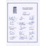 England tour to Australia 2010/11. Unofficial autograph sheet uniformly signed in ink by all sixteen