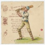 Attractive Victorian Christmas card featuring a cutout figure of a batsman in colour to the front,